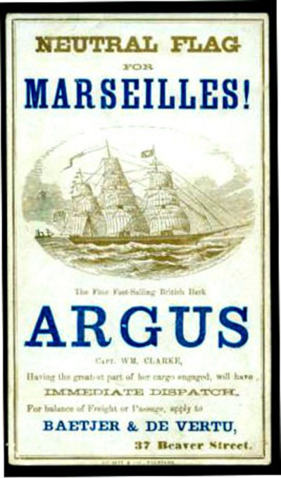Cartaz anunciando o Navio Argus, como ´Navio de Bandeira Neutra´